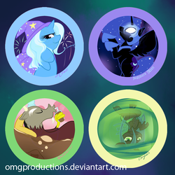 Size: 650x650 | Tagged: safe, artist:omgproductions, discord, nightmare moon, queen chrysalis, trixie, g4