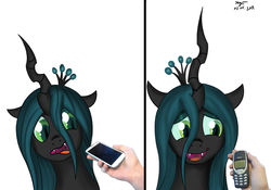 Size: 1605x1124 | Tagged: safe, artist:xyi, queen chrysalis, changeling, changeling queen, human, g4, bust, female, galaxy (phone), nokia, phone, quadrupedal, samsung, simple background, white background