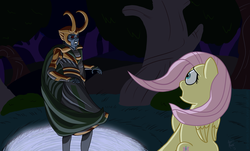 Size: 2650x1600 | Tagged: safe, artist:aa, fluttershy, pegasus, pony, g4, commission, crossover, everfree forest, fanfic, fanfic art, loki, marvel, thor