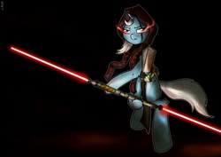 Size: 2220x1570 | Tagged: safe, artist:distoorted, trixie, pony, unicorn, g4, anakin skywalker, bipedal, clothes, crossover, darth maul, darth vader, double lightsaber, energy weapon, female, hoof hold, hooves, horn, lightsaber, mare, scar, sith, sith assassin, sith inquisitor, solo, star wars, weapon