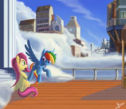 Size: 1242x1080 | Tagged: safe, artist:rublegun, fluttershy, rainbow dash, g4, bioshock infinite, building, cloud, cloudy