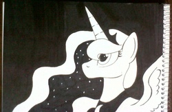 Size: 1280x832 | Tagged: safe, artist:darkhestur, princess luna, alicorn, pony, g4, female, monochrome, solo, traditional art