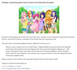 Size: 762x691 | Tagged: safe, applejack, fluttershy, pinkie pie, rainbow dash, rarity, twilight sparkle, equestria daily, equestria girls, g4, my little pony equestria girls, equestria girls drama, synopsis, text