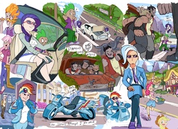 Size: 3504x2552 | Tagged: safe, artist:jowyb, applejack, cheerilee, fluttershy, gilda, gummy, pinkie pie, rainbow dash, rarity, rover, spike, steven magnet, trixie, diamond dog, human, g4, car, collage, comic, converse, driving, humanized, motorcycle, motorcycle outfit, shoes