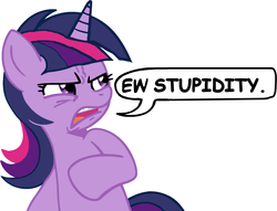Size: 1229x941 | Tagged: editor needed, safe, artist:megasweet, twilight sparkle, pony, unicorn, g4, comic sans, dialogue, disgusted, ew gay, female, frown, mare, multicolored hair, multicolored mane, open mouth, purple coat, purple eyes, purple fur, purple hair, purple mane, purple pony, reaction image, simple background, solo, speech bubble, striped hair, striped mane, tri-color hair, tri-color mane, tri-colored hair, tri-colored mane, tricolor hair, tricolor mane, tricolored hair, tricolored mane, unicorn twilight, white background