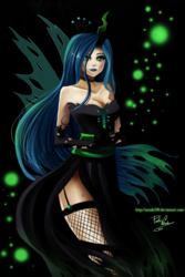 Size: 533x800 | Tagged: safe, artist:nasuki100, queen chrysalis, human, g4, fishnet stockings, horn, horned humanization, humanized, winged humanization