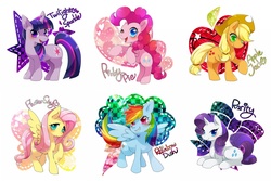 Size: 1200x800 | Tagged: safe, artist:zakro, applejack, fluttershy, pinkie pie, rainbow dash, rarity, twilight sparkle, earth pony, pegasus, pony, unicorn, g4, mane six, pixiv, sparkles, unicorn twilight