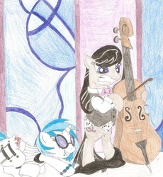 Size: 800x869 | Tagged: safe, artist:wjmmovieman, dj pon-3, octavia melody, vinyl scratch, earth pony, pony, unicorn, g4, assisted exposure, clothes, embarrassed, embarrassed underwear exposure, female, humiliation, mare, music note underwear, music notes, panties, pantsing, prank, stage, traditional art, underwear, undressing, we don't normally wear clothes