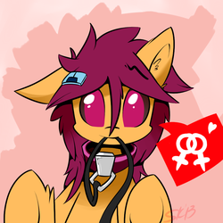 Size: 850x850 | Tagged: safe, artist:serendipity-kitty, scootaloo, pegasus, pony, g4, collar, female, leash, lesbian, lesboloo, pictogram, solo