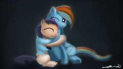 Size: 3259x1841 | Tagged: safe, artist:auroriia, rainbow dash, scootaloo, g4, hug, scootalove, winghug