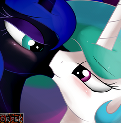 Size: 400x406 | Tagged: safe, artist:dragk, nightmare moon, princess celestia, alicorn, pony, blushing, celestimoon, eye contact, female, incest, kissing, lesbian, looking at each other, mare, mooncest, shipping