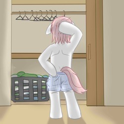 Size: 1280x1280 | Tagged: safe, artist:fuzebox, nurse redheart, earth pony, pony, semi-anthro, g4, back, bipedal, boxers, clothes, male, pants, rule 63, solo, stallion, topless, underwear