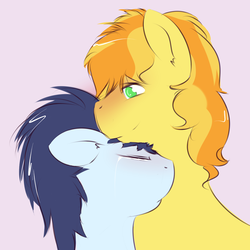 Size: 1280x1280 | Tagged: dead source, safe, artist:kryptchild, braeburn, soarin', g4, blushing, crying, gay, male, neck nuzzle, nuzzling, ship:soarburn, shipping