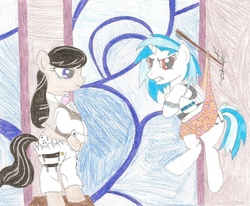 Size: 900x743 | Tagged: safe, artist:wjmmovieman, dj pon-3, octavia melody, vinyl scratch, earth pony, pony, unicorn, g4, angry, assisted exposure, belly button, boxers, clothes, female, hanging, hanging wedgie, mare, music note underwear, polka dot underwear, revenge, stage, stuck, traditional art, underwear, wedgie