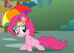 Size: 400x288 | Tagged: safe, screencap, pinkie pie, earth pony, pony, feeling pinkie keen, g4, season 1, animated, cropped, female, gif, hat, mare, pinkie being pinkie, pinkie sense, solo, twitchy tail, umbrella hat