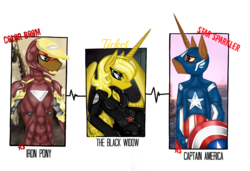 Size: 2304x1573 | Tagged: safe, artist:nekomellow, oc, oc:color boom, oc:star sparkler, oc:ticket, alicorn, anthro, alicorn oc, avengers, black widow (marvel), captain america, crossover, iron man, ticketsparkler