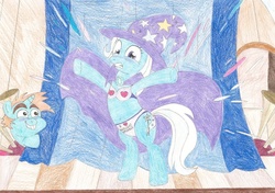 Size: 1024x721 | Tagged: safe, artist:wjmmovieman, snips, trixie, pony, unicorn, g4, magic duel, my little pony: friendship is magic, belly button, bra, bra on pony, clothes, embarrassed, embarrassed underwear exposure, exposed, humiliation, implied twixie, midriff, panties, stage, traditional art, underwear