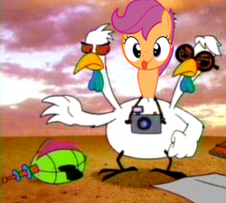 Size: 428x385 | Tagged: safe, edit, scootaloo, chicken, g4, camera, cartoon network, conjoined, courage the cowardly dog, crossover, glasses, multiple heads, nightmare fuel, scootachicken