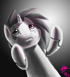 Size: 847x943 | Tagged: safe, artist:244705, dj pon-3, vinyl scratch, cyborg, g4, amputee, crying, female, i never asked for this, solo