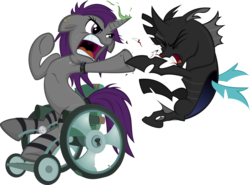 Size: 5277x3908 | Tagged: safe, artist:jittery-the-dragon, oc, oc only, oc:sparky scamper, changeling, absurd resolution, hoof braces, punch, simple background, transparent background, wheelchair