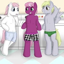 Size: 1280x1280 | Tagged: safe, artist:fuzebox, cheerilee, derpy hooves, nurse redheart, earth pony, pegasus, pony, g4, belly button, bipedal, bipedal leaning, boxer briefs, boxers, briefs, clothes, dopey hooves, female to male, jubilance, laundry, leaning, male, nurse redhoof, rule 63, stallion, topless, trio, trio male, underwear