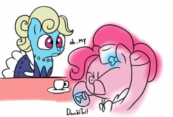 Size: 638x431 | Tagged: safe, artist:dambitail, eclair créme, pinkie pie, g4, 30 minute art challenge, clothes, cup, dialogue, dress, gala dress, plate, table, teacup