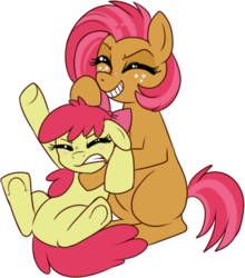 Size: 383x435 | Tagged: safe, artist:lulubell, apple bloom, babs seed, earth pony, pony, g4, adorababs, adorabloom, angry, cute, female, lesbian, noogie, ship:appleseed, shipping, simple background, smiling, transparent background