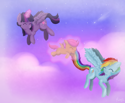 Size: 1700x1400 | Tagged: safe, artist:synthierose, rainbow dash, scootaloo, twilight sparkle, alicorn, pegasus, pony, g4, female, flying, glowing, glowing horn, happy, horn, magic, magic aura, mare, scootaloo can't fly, scootalove, shooting star, sky, stars, telekinesis, twilight sparkle (alicorn)