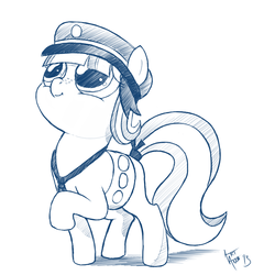 Size: 800x800 | Tagged: safe, artist:aa, tag-a-long, ask a filly scout, g4, blank flank, female, filly guides, merit badge, monochrome, sketch, solo, thin mint