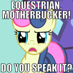 Size: 600x600 | Tagged: safe, edit, edited screencap, screencap, bon bon, sweetie drops, earth pony, pony, g4, green isn't your color, bon bon is not amused, caption, cropped, english motherfucker, female, image macro, parody, pulp fiction, reaction image, solo