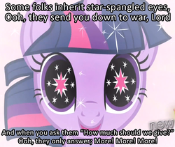 Size: 1024x866 | Tagged: safe, twilight sparkle, g4, creedence clearwater revival, eyes, fortunate son, fulfilled cutie mark, image macro, song reference, wingding eyes