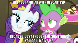 Size: 631x351 | Tagged: safe, edit, edited screencap, screencap, rarity, spike, dragon, pony, unicorn, dragon quest, g4, apron, blushing, caption, clothes, female, give her the dick, hub logo, image macro, innuendo, male, mare, meme, rarity's bad pickup lines, rené descartes, ship:sparity, shipping, straight