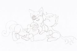 Size: 900x598 | Tagged: safe, artist:shoroch, apple bloom, scootaloo, sweetie belle, g4, cutie mark crusaders, filly, kissing