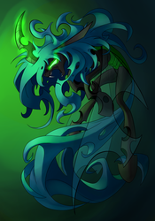 Size: 1181x1687 | Tagged: safe, artist:underpable, queen chrysalis, changeling, changeling queen, g4, badass, female, glowing, glowing eyes, glowing horn, horn, long mane, long tail, magic, solo
