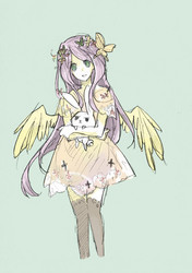 Size: 945x1341 | Tagged: safe, artist:lillin, angel bunny, fluttershy, g4, humanized, pixiv, winged humanization