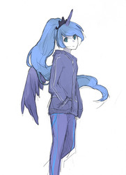Size: 945x1307 | Tagged: safe, artist:lillin, princess luna, human, g4, female, horn, horned humanization, humanized, pixiv, solo, tracksuit, winged humanization