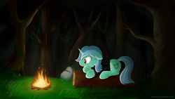 Size: 1920x1080 | Tagged: safe, artist:wolfypon, lyra heartstrings, pony, unicorn, fanfic:background pony, g4, campfire, clothes, female, fire, floppy ears, hoodie, log, lying down, mare, night, shirt, solo, wallpaper