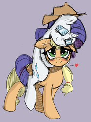 Size: 702x940 | Tagged: safe, artist:allosaurus, artist:mewball, applejack, rarity, earth pony, pony, unicorn, g4, accessory swap, blushing, eyes closed, female, hat, heart, lesbian, mare, piggyback ride, ponies riding ponies, purple background, rarity riding applejack, riding, ship:rarijack, shipping, simple background, smiling, the hat