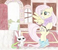 Size: 900x779 | Tagged: source needed, safe, artist:wjmmovieman, angel bunny, fluttershy, pegasus, pony, angel is a bunny bastard, assisted exposure, belt, clothes, clothing theft, embarrassed, humiliation, legs together, panties, pantsing, sweater, sweatershy, thong, traditional art, turtleneck, underwear, undressing, we don't normally wear clothes
