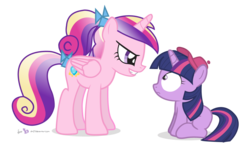 Size: 1200x700 | Tagged: safe, artist:dm29, princess cadance, twilight sparkle, g4, duo, filly, hat, simple background, tara strong, the fairly oddparents, timmy turner, transparent background, vicky, voice actor joke