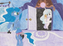 Size: 1024x746 | Tagged: safe, artist:wjmmovieman, princess celestia, princess luna, alicorn, pony, g4, annoyed, bipedal, bra, bra on pony, cellphone, clothes, female, mismatched underwear, panties, photo, skull, traditional art, underwear, undressing