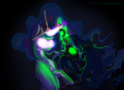 Size: 5500x4000 | Tagged: safe, artist:yukomaussi, princess celestia, queen chrysalis, alicorn, changeling, changeling queen, pony, g4, fangs, female, glowing eyes, glowing horn, green tongue, horn, horns are touching