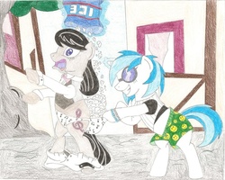 Size: 900x721 | Tagged: safe, artist:wjmmovieman, dj pon-3, octavia melody, vinyl scratch, earth pony, pony, unicorn, g4, assisted exposure, boxers, clothes, cold, female, humiliation, mare, music note underwear, music notes, panties, prank, revenge, smiley face, traditional art, underwear, wedgie