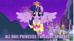 Size: 1000x558 | Tagged: safe, twilight sparkle, alicorn, pony, g4, canterlot, clothes, dress, female, giant pony, giantess, image macro, macro, mare, twilight sparkle (alicorn)