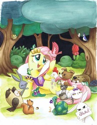 Size: 600x774 | Tagged: safe, idw, angel bunny, fluttershy, gummy, opalescence, owlowiscious, tank, winona, bat, beaver, bird, chicken, frog, fruit bat, owl, rabbit, snake, squirrel, g4, micro-series #4, my little pony micro-series, cover, disney, forest, ribbon, snow white