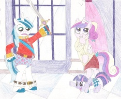 Size: 989x808 | Tagged: source needed, safe, artist:wjmmovieman, princess cadance, shining armor, twilight sparkle, g4, assisted exposure, belt, boxers, clothes, filly twilight sparkle, humiliation, pants, pantsing, sword, teen princess cadance, traditional art, underwear, undressing