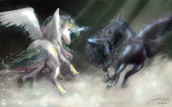 Size: 2800x1750 | Tagged: safe, artist:otakusuzuka, princess celestia, princess luna, alicorn, pony, g4, female, glowing horn, horn, mare, realistic, running