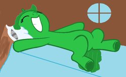 Size: 764x470 | Tagged: safe, artist:katcreeper, artist:rain-approves, oc, oc only, base used, bed, grin, katherine creeper, on back, sleepy, solo, window