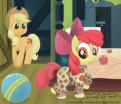 Size: 1000x859 | Tagged: safe, artist:smudge proof, apple bloom, applejack, earth pony, pony, g4, bedroom, clothes, commission, diaper, female, filly, mare, pajamas, sisters