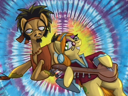 Size: 1600x1200 | Tagged: safe, artist:clexyoshi, idw, flax seed, wheat grass, earth pony, pony, g4, abstract background, duo, female, hippie, male, mare, musical instrument, peace sign, shipping, sitar, stallion, straight, unshorn fetlocks, wheatseed